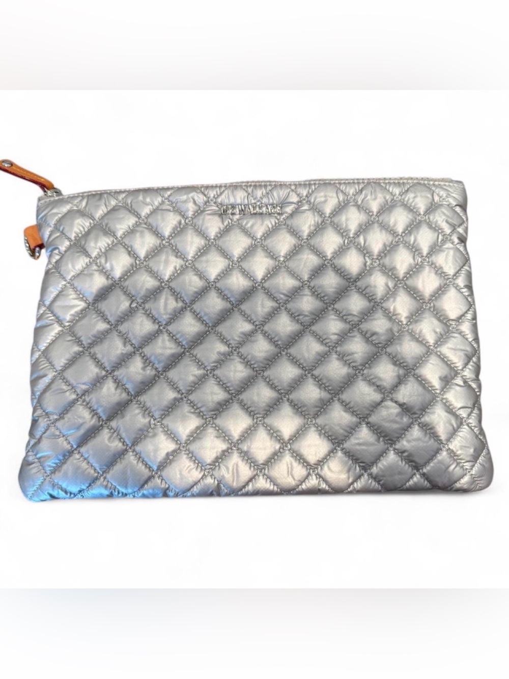 EUC MZ Wallace Metallic Silver Quilted Cosmetic Pouch with Yellow lining
